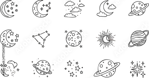 Celestial bodies and space elements in a line art style.