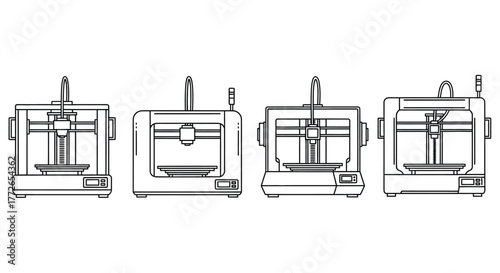 Four 3d printers lined up in a series showing different angles and designs side by side vector