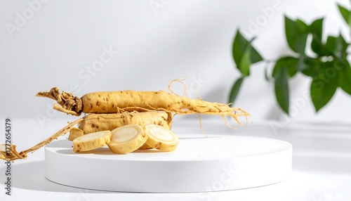 Ginseng root and slices on white platform, plant in background, light, bright, minimal, roots, earthy tones