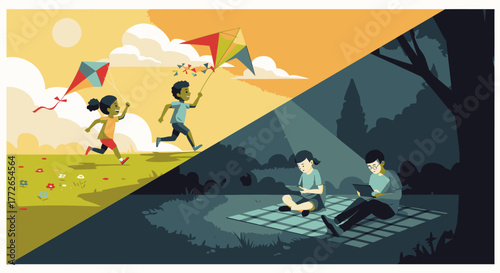 This vivid illustration contrasts the active outdoor joy of children flying kites in a sunny field with their calm, modern digital screen engagement by night.