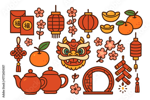 Traditional Chinese New Year symbols set featuring dragon mask, lanterns, lucky money envelopes, and gold ingots