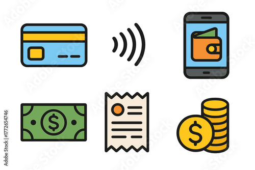 Set of financial transaction symbols including credit card, mobile wallet, cash, and contactless payment