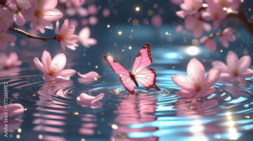 Butterfly on Water with Cherry Blossoms, Reflecting Spring's Gentle Touch