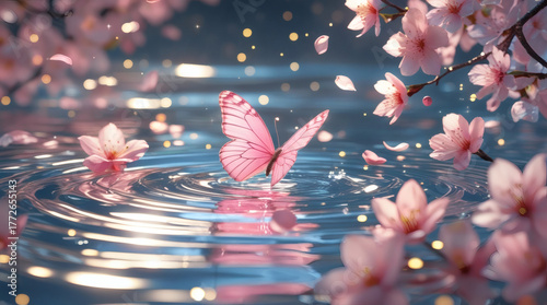 Enchanting pink butterfly gracefully touches sparkling water amidst falling sakura petals in a serene spring scene