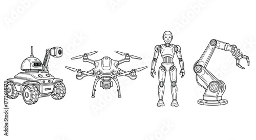 Set of futuristic robotic machines including drone rover humanoid robot and industrial arm vector