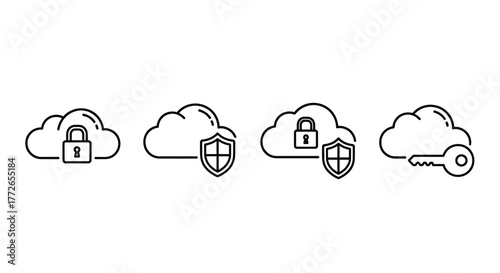 Cloud security icons padlock shield and key for data protection and access control vector