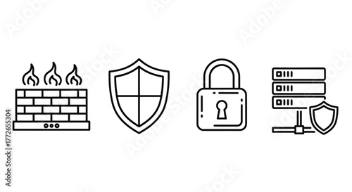 Cybersecurity icons firewall shield lock server network security digital protection data safety concepts vector