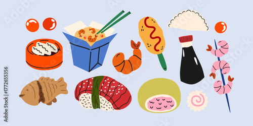 Asian cuisine cartoon stickers set in retro doodle style. Asian street food, traditional dishes, rice, noodles, sushi, spring roll, shrimp tempura, soy sauce, seafood. Vector food illustrations