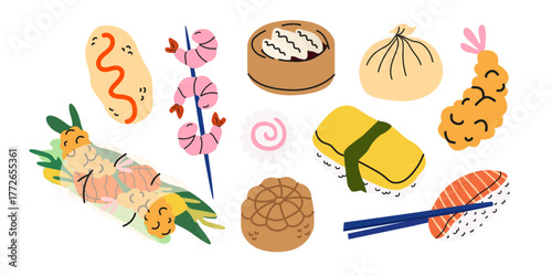 Asian cuisine cartoon stickers set in retro doodle style. Asian street food, traditional dishes, rice, noodles, sushi, spring roll, shrimp tempura, soy sauce, seafood. Vector food illustrations