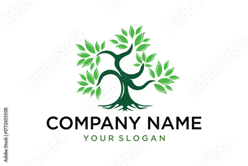 Green Stylized Tree Logo Design with Leaves and Roots Vector Illustration