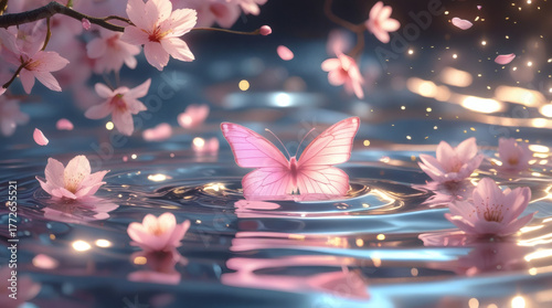 Pink butterfly gracefully resting on serene water, surrounded by delicate cherry blossoms and shimmering lights, creating a magical and peaceful springtime tableau