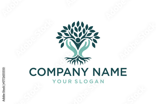 Tree of Life Human Hands Logo. Abstract Nature and Community Symbol for Growth, Wellness, and Support Branding.