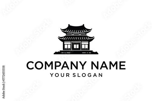 Traditional East Asian Pagoda Temple Building Black Silhouette Logo Vector