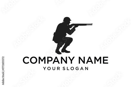 Military soldier silhouette in helmet, crouching and aiming a rifle in a tactical shooting position.