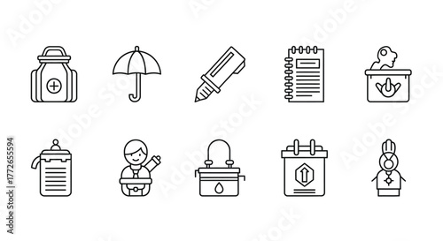 Collection of hand drawn office supply icons symbols representing business and productivity concepts vector
