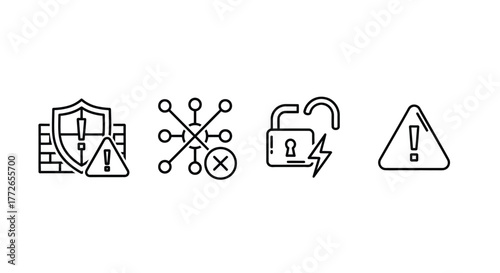 Cybersecurity icons set shield network lock warning symbols abstract hand drawn line art vector
