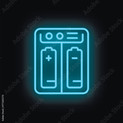 Blue neon icon of a battery charger showing charging level with two batteries on a black background