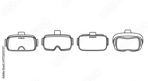 Four different styles of virtual reality headsets lined up side by side in a simple sketch vector
