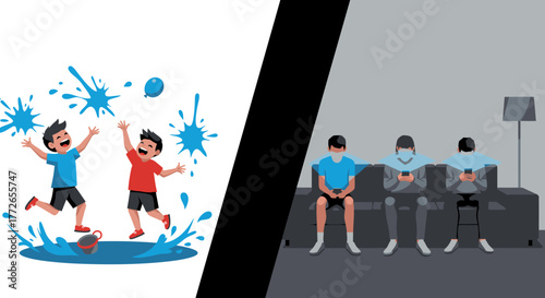 Joyful children actively splashing in water provide a stark contrast to individuals silently engrossed in their mobile phones, symbolizing modern lifestyle choices.