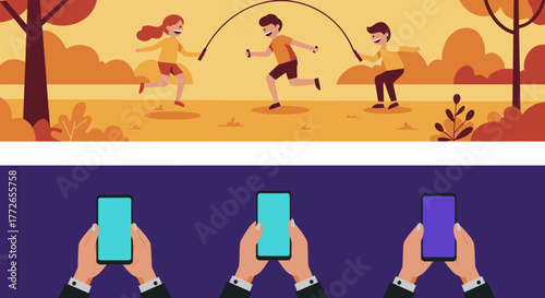An engaging illustration contrasting the energetic outdoor play of children jumping rope with the ubiquitous, passive interaction of hands holding modern smartphones.
