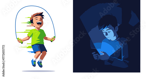 Juxtaposing energetic outdoor play with quiet digital immersion, this image highlights the contrasting activities of children in today's modern world.