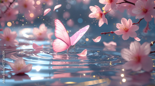 Pink Butterfly Gracefully Soaring Amidst Cherry Blossoms on Serene Water Surface