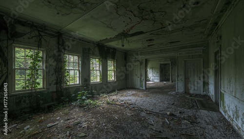 Abandoned Hotel Interior Overtaken by Moss and Fungi, Signs of Natural Deterioration