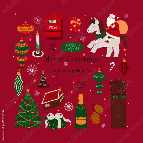 Christmas background with many Christmas decorations and winter elements, Santa on a horse, Christmas tree toys, antique clock, mail, gifts. Colorful winter vector illustration on a red background.