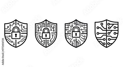 Digital security shields with padlock and circuitry icons representing data protection and cybersecurity vector