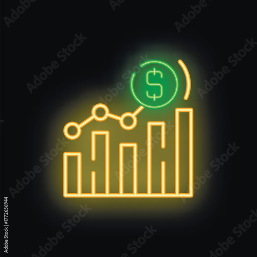 Neon sign illustrating a constantly growing chart with a dollar sign inside a circle at the top