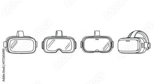 Collection of four hand-drawn virtual reality headsets in a row showing different designs vector