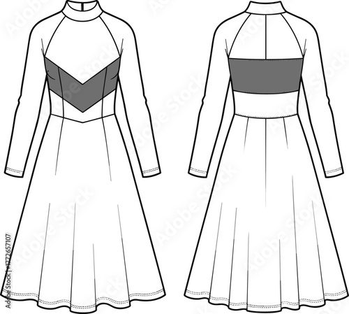 technical dress sketch, front and back view, long sleeve fitted bodice design, high neckline, chevron panel detail, fashion illustration, garment template