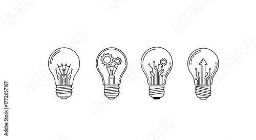 Hand drawn idea light bulbs sketch style creative thinking concept innovation solution discovery vector