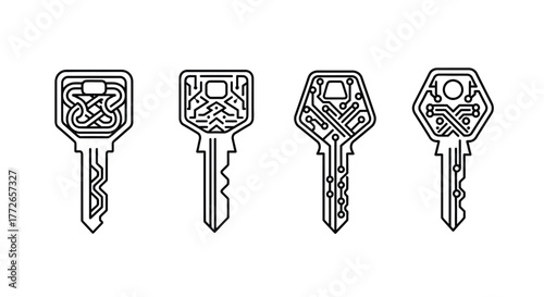 Four ornate vintage skeleton keys with intricate celtic knot designs symbolizing access and secrets vector