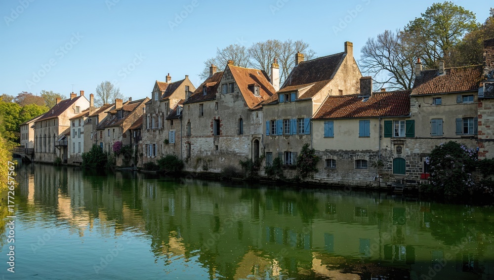 Naklejka premium Historic riverside settlement attracting visitors with scenic architecture and lush surroundings