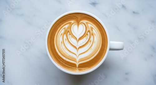 Latte Art Heart Design Top Down View Coffee Beverage Creamy Foam White Ceramic Mug Cafe Culture Caffeine Drink Warm Morning Refreshment