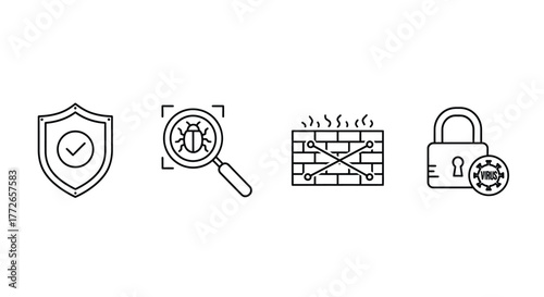 Cybersecurity icons shield bug search firewall lock data protection digital safety business technology concepts vector
