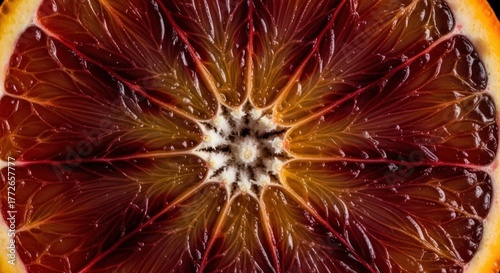 Macro Shot of Blood Orange Slice Detail Fruit Texture Juicy Pulp Healthy Food Nutrition Vitamin C Citrus Vegetarian Diet Close Up