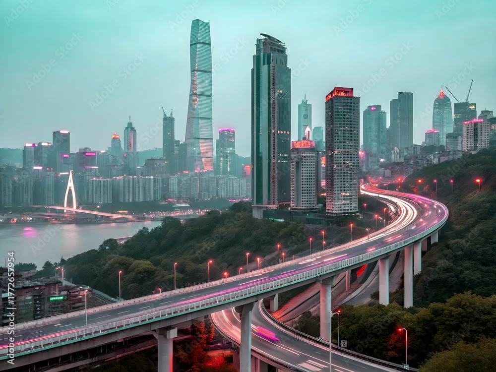 Fototapeta premium Night traffic in hong kong city with glowing lights and skyscrapers
