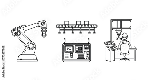 Industrial automation components robotic arm assembly line control panel human operator vector