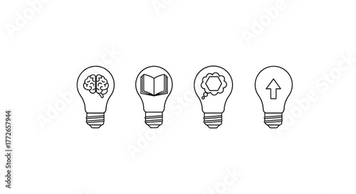 Creative idea generation four light bulb icons with symbols for innovation and business growth vector