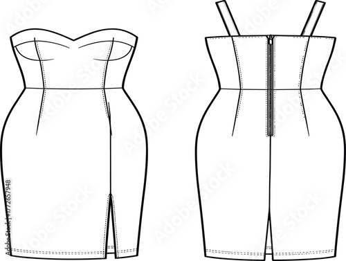 technical dress sketch, strapless pencil dress, sweetheart neckline, front and back view, fashion illustration, garment construction, fitted silhouette, zipper closure