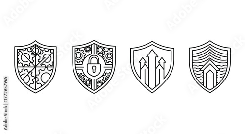 Set of four ornate medieval shields with intricate designs and heraldic emblems vector