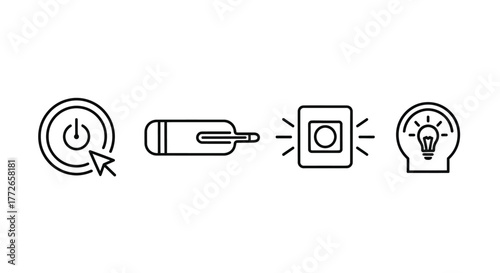 Collection of simple icons representing power start button battery light bulb and light switch vector