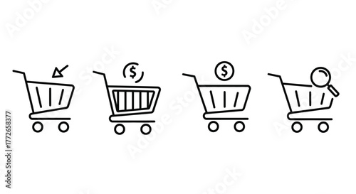 Hand drawn shopping cart icons showing different stages of online shopping and commerce vector