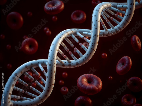 DNA helix floating in bloodstream among red blood cells, concept of genetics and molecular biology, 3d illustration