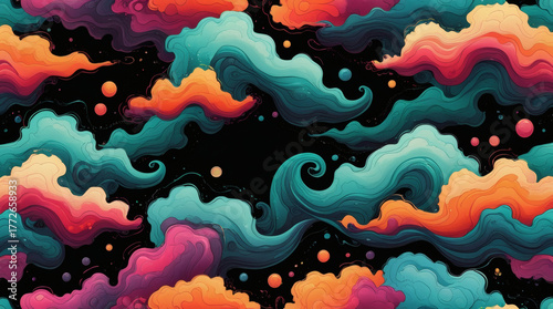 Surreal dreamscape featuring an abstract pattern of multi-colored, flowing clouds in a dynamic and vibrant composition against a black background