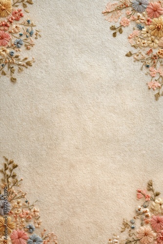 A vintage-style floral embroidery design. Delicate flowers frame the edges on a neutral canvas.