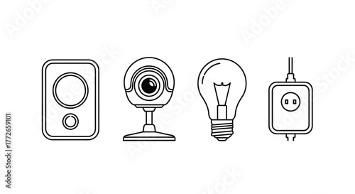 Collection of smart home devices icons featuring speaker camera lightbulb and outlet vector