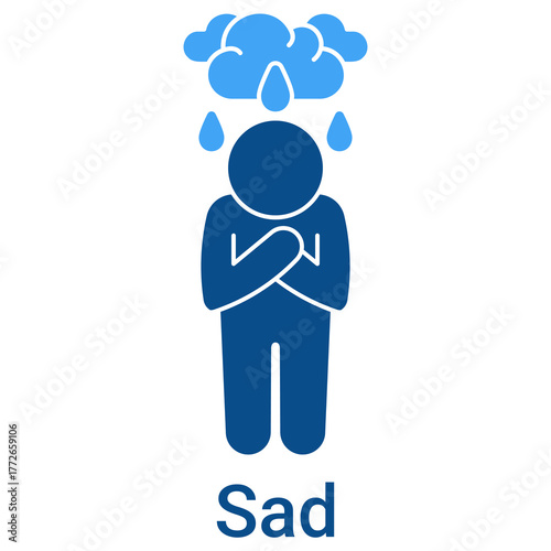 Sad Icon in Duotone Solid Style. Unhappy emotion, tear, and crying symbol. Melancholy vector.